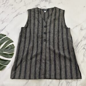 Street Wear Womens Vintage 90s Tunic Vest Size L Black Gray Stripe Linen Cotton